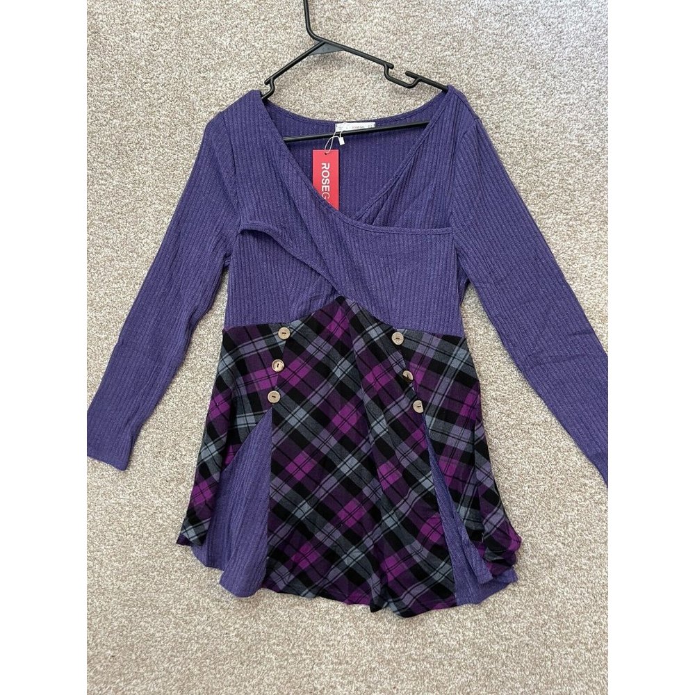 Rosegal Woman’s Purple Plaid Long Sleeve Tunic Shirt Size Large